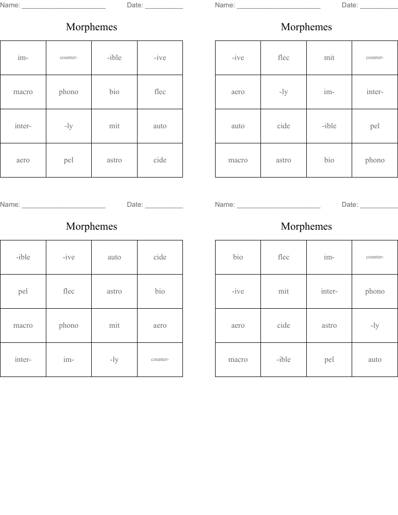 Morphemes Bingo Cards