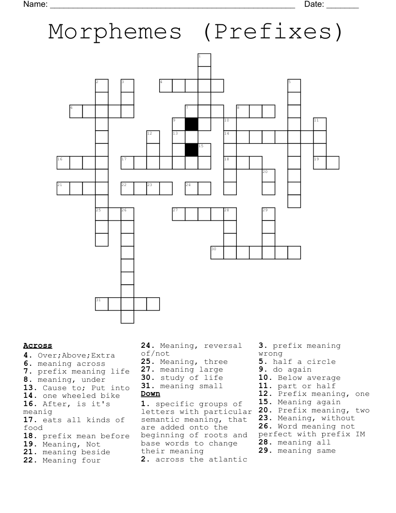 Morphemes (Prefixes) Crossword