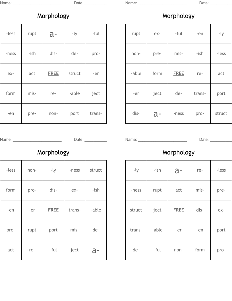 Morphology  Bingo Cards