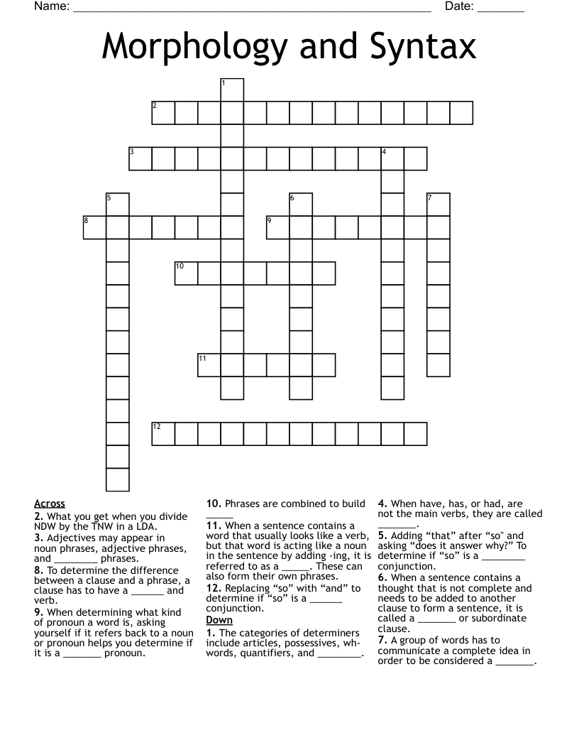 Morphology and Syntax Crossword