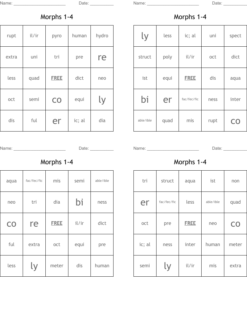Morphs 1-4 Bingo Cards