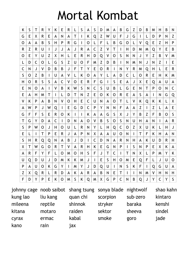 Mortal Kombat Word Search