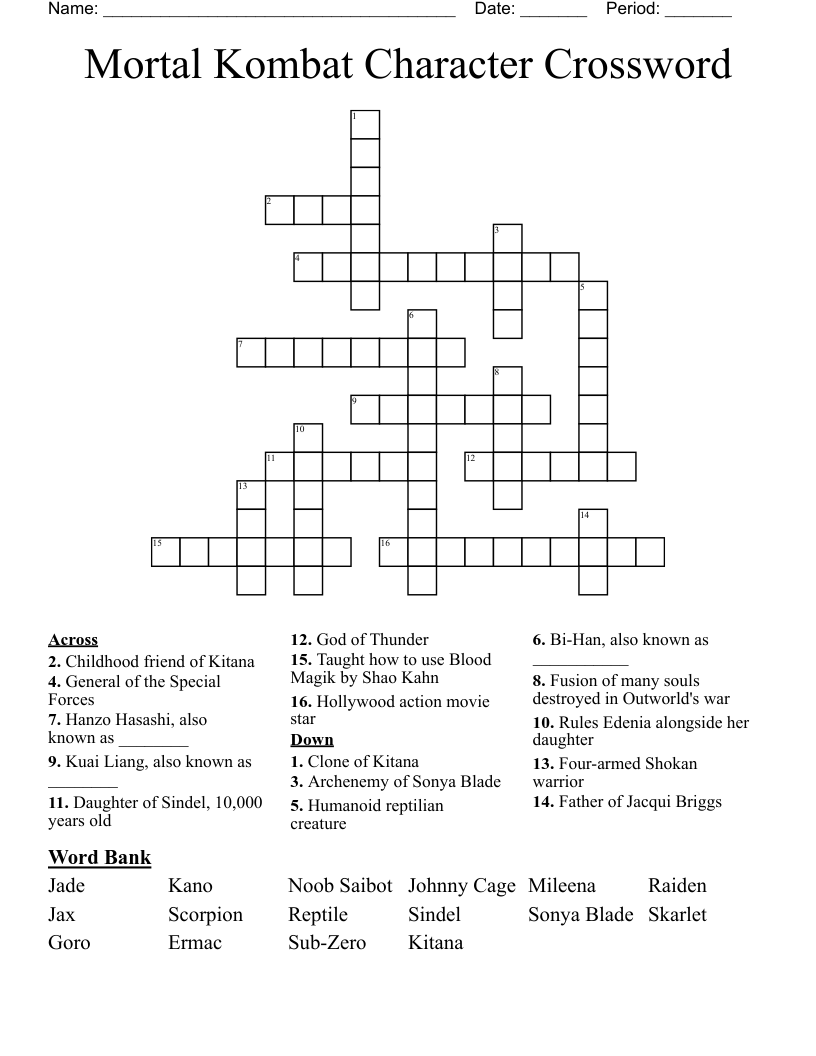 Mortal Kombat Character Crossword