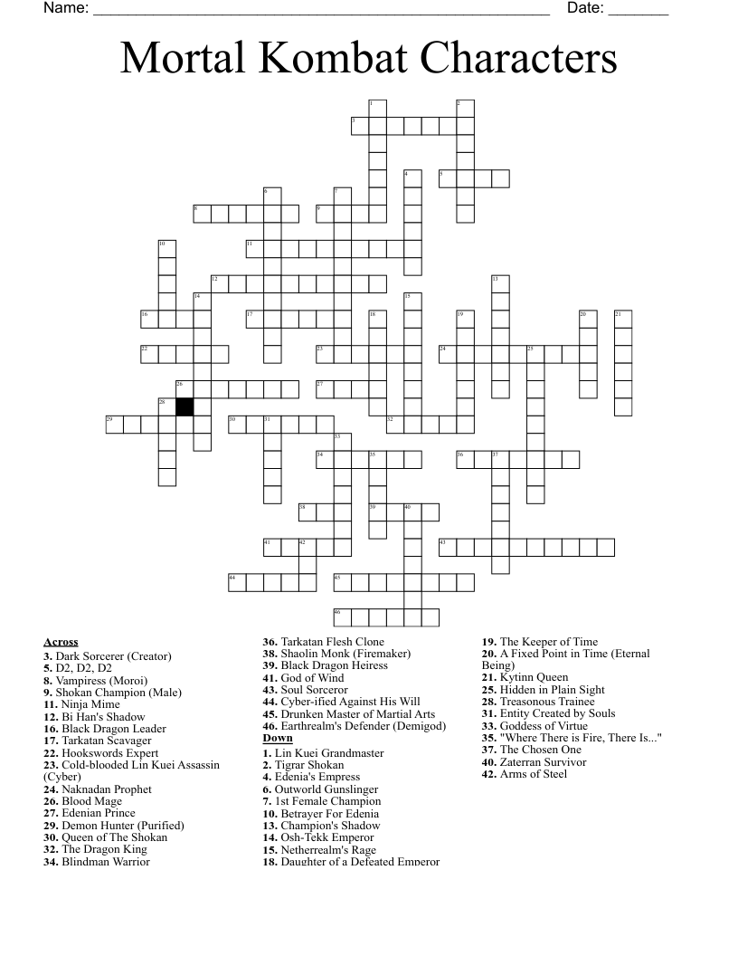Mortal Kombat Characters Crossword