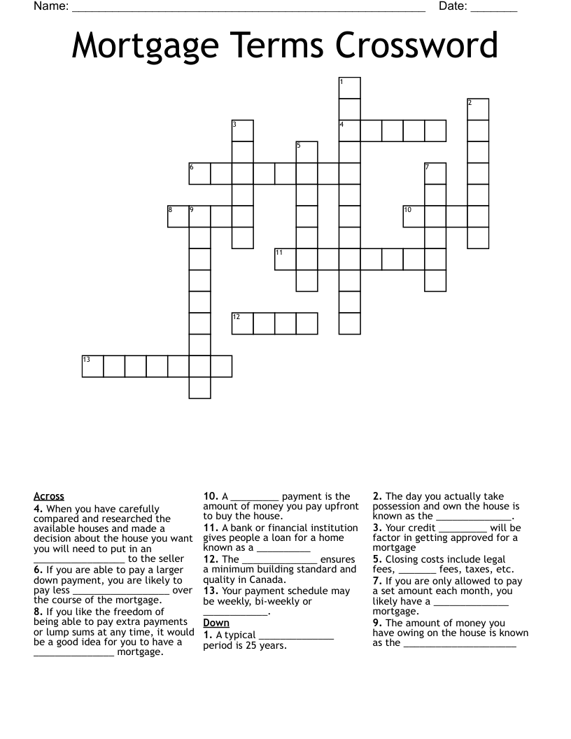 Mortgage Terms Crossword
