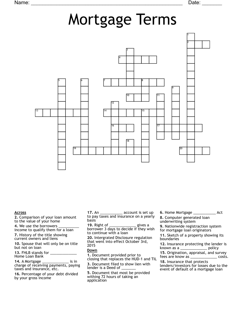 Mortgage Terms  Crossword