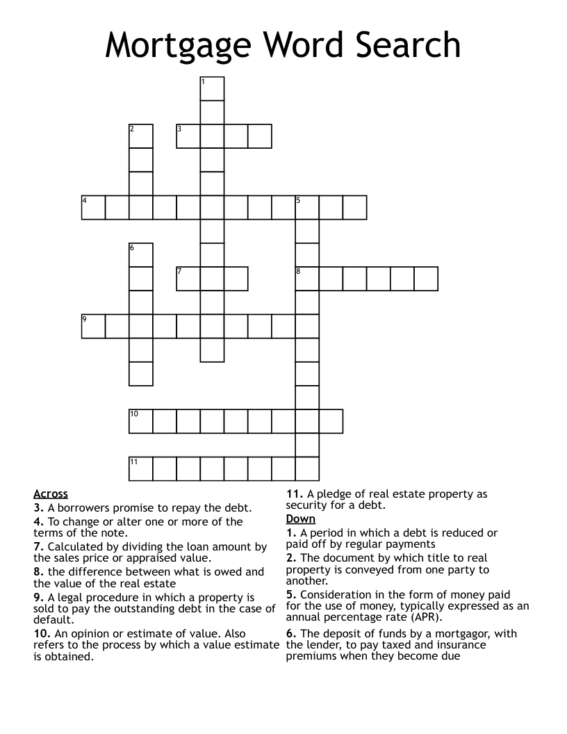 Mortgage  Word Search Crossword