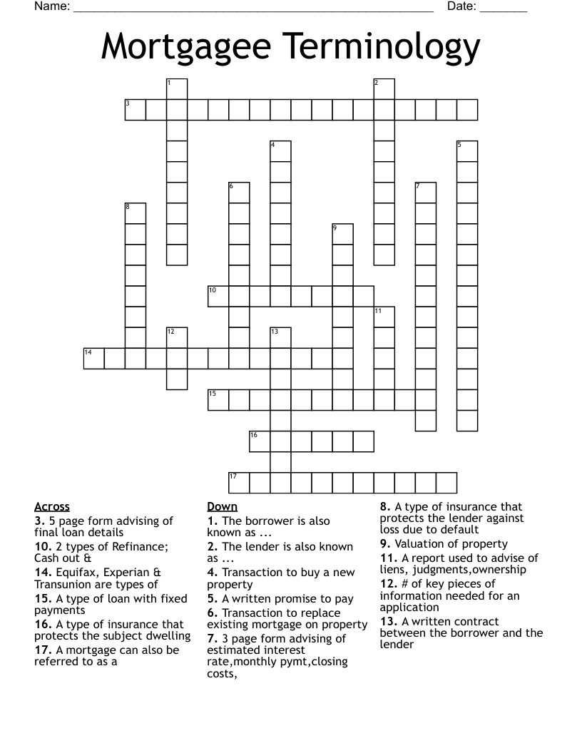 Mortgagee Terminology  Crossword