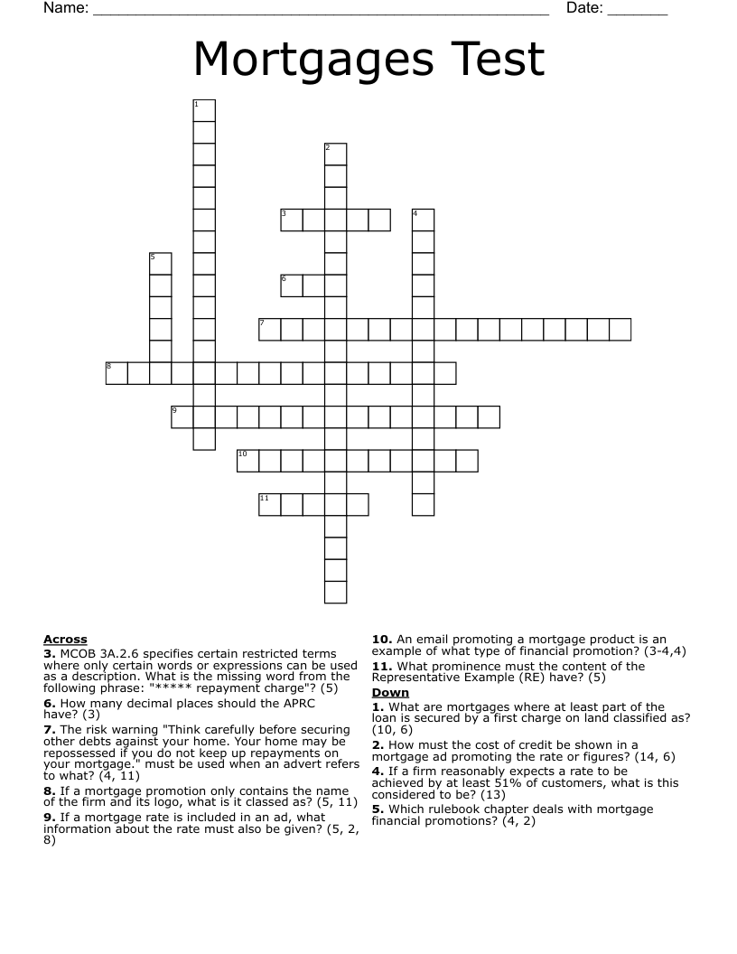 Mortgages Test Crossword