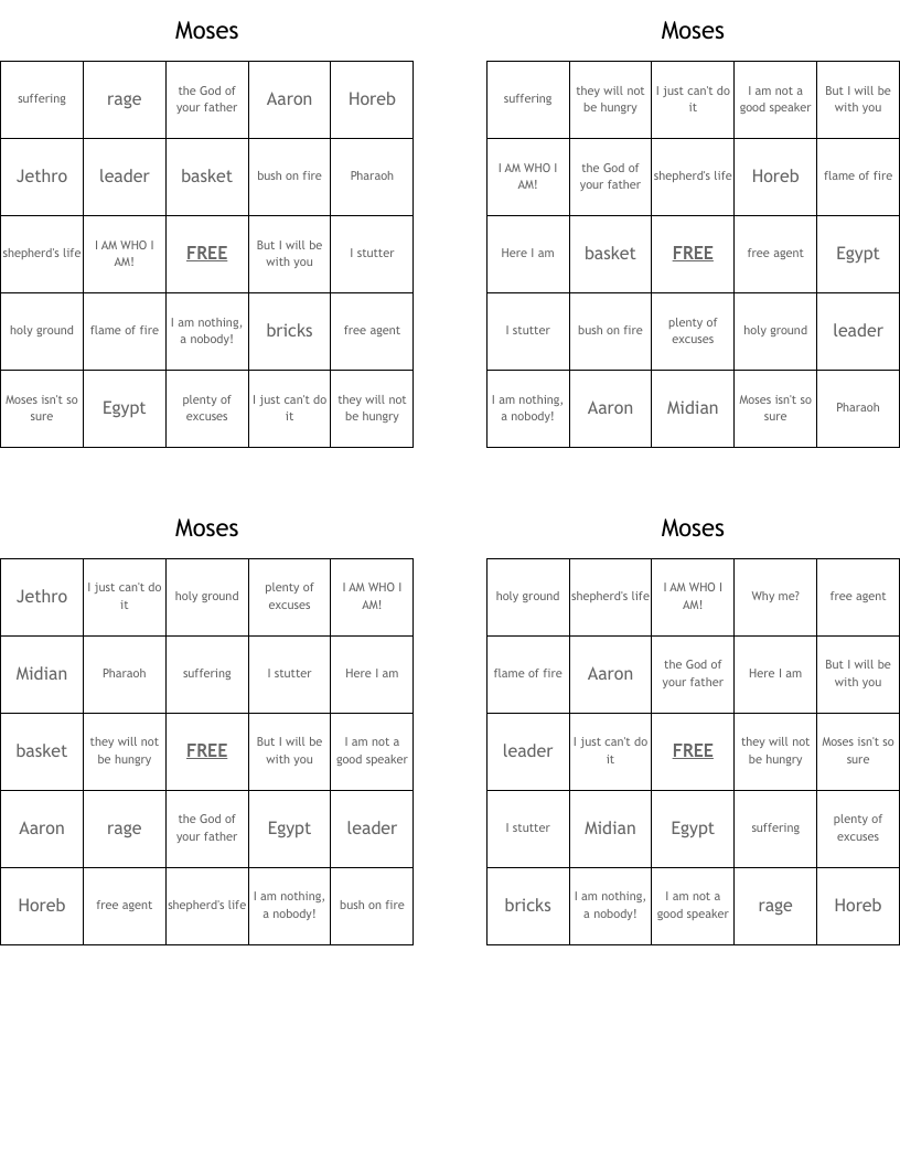 Moses Bingo Cards