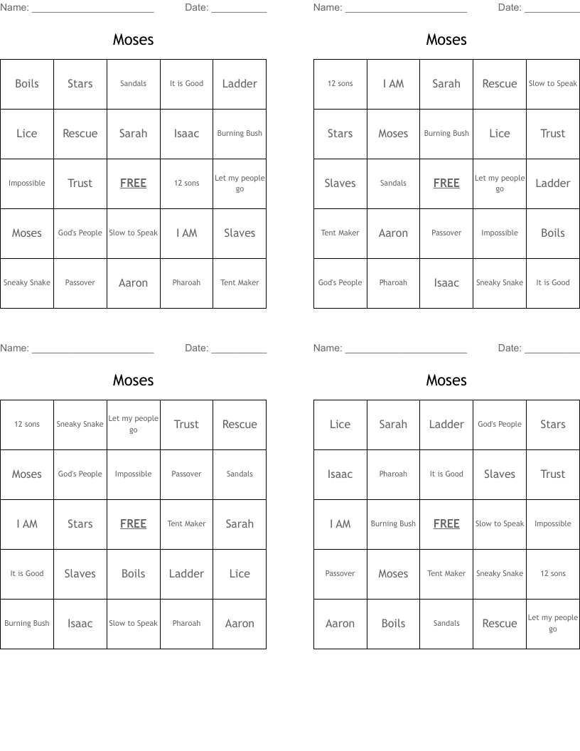 Moses Bingo Cards
