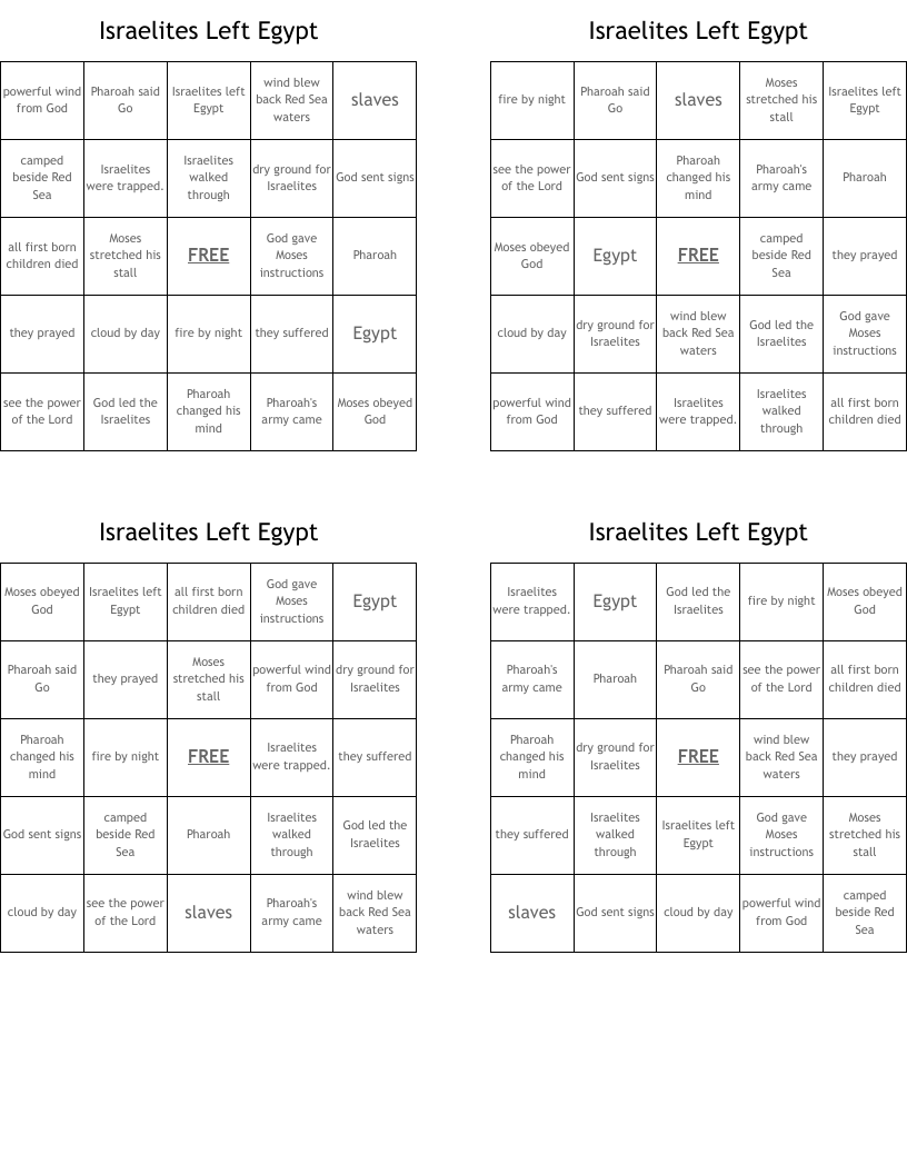 Israelites Left Egypt Bingo Cards
