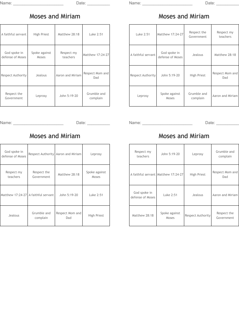 Moses and Miriam Bingo Cards