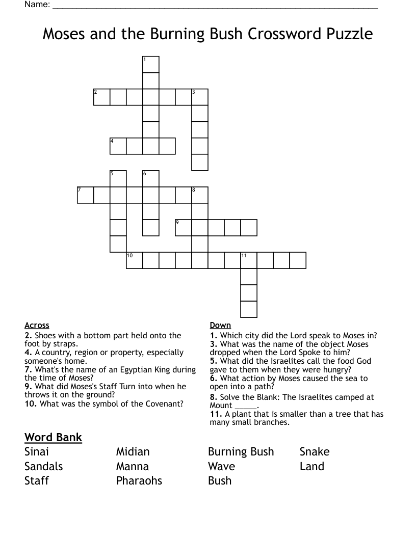 Moses and the Burning Bush Crossword Puzzle