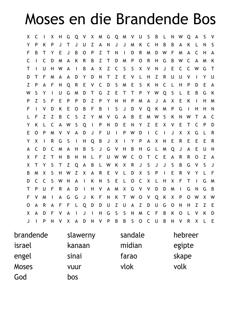 Moses en die Brandende Bos Word Search