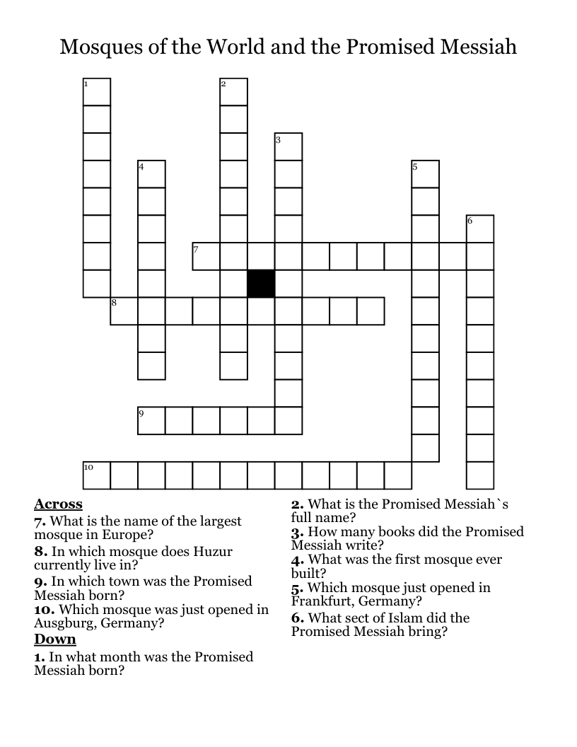 Mosques of the World and the Promised Messiah Crossword