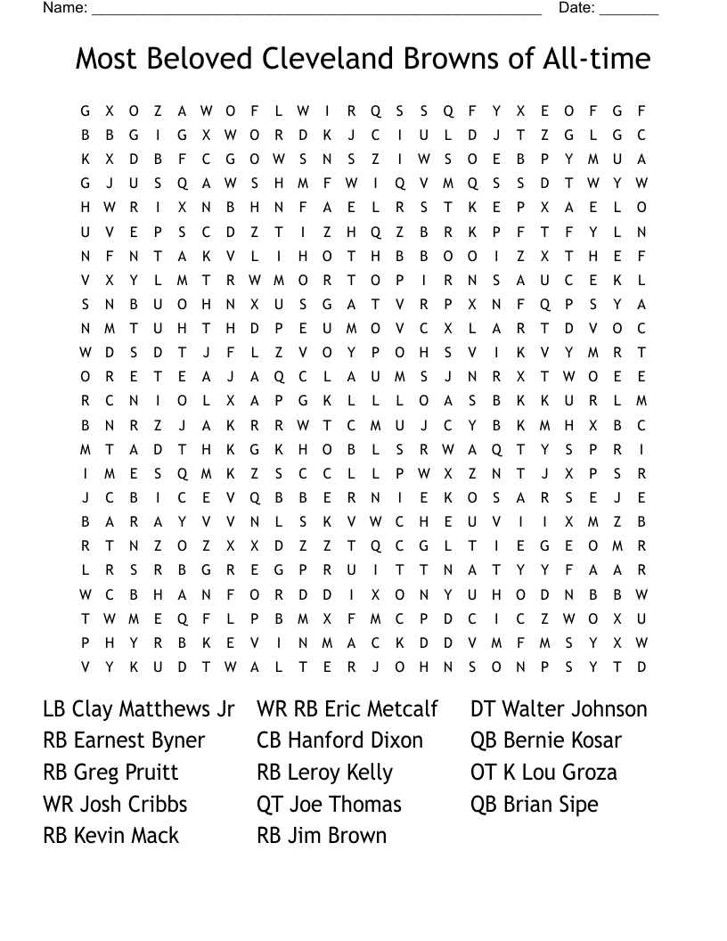Most Beloved Cleveland Browns of All-time Word Search