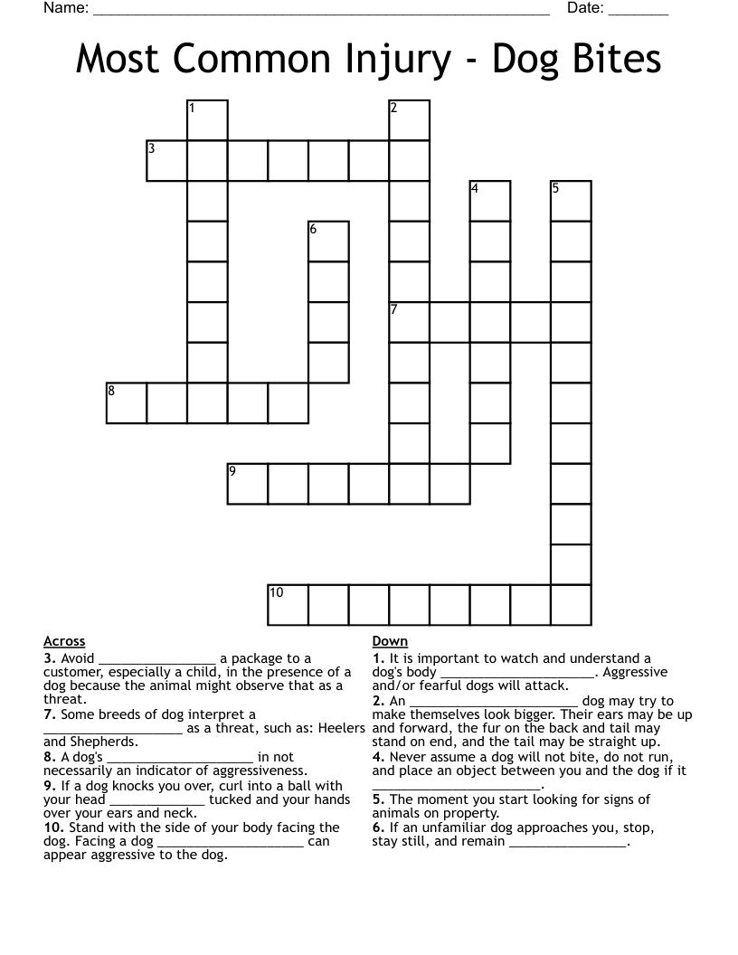 Most Common Injury - Dog Bites Crossword