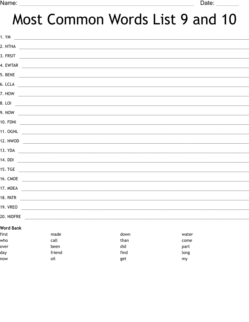 Most Common Words List 9 and 10 Word Scramble