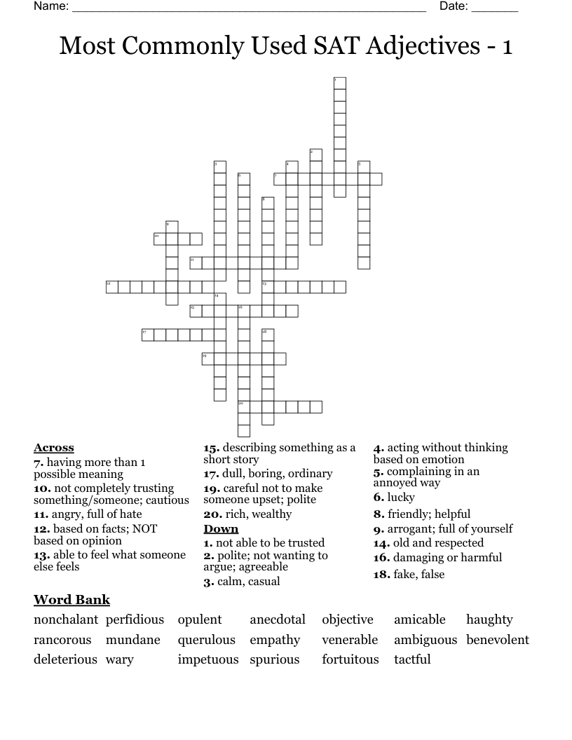 Most Commonly Used SAT Adjectives - 1 Crossword