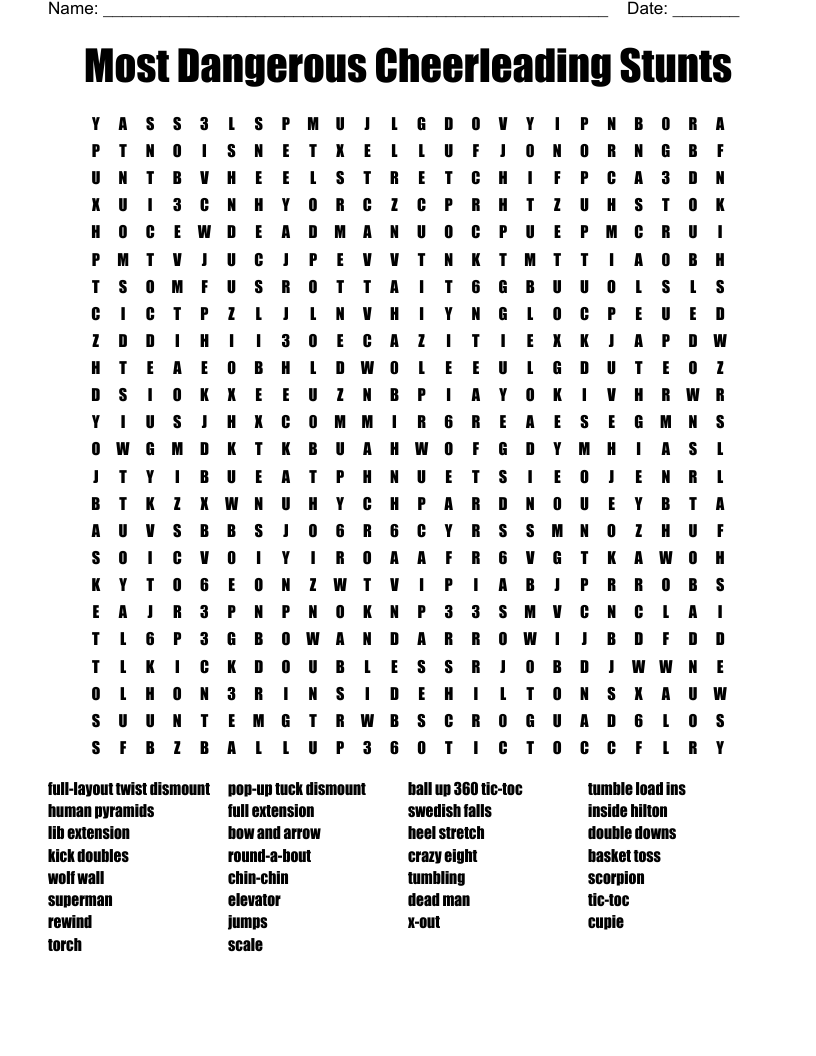 Most Dangerous Cheerleading Stunts Word Search
