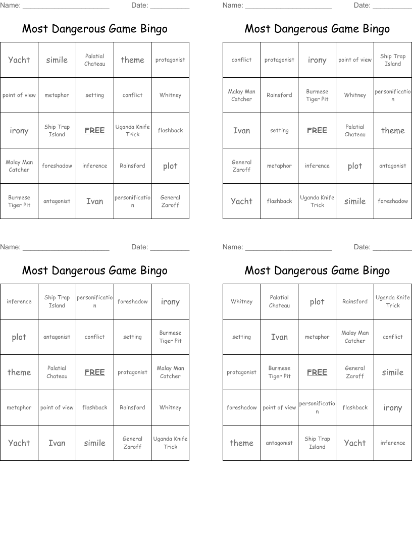 Most Dangerous Game Bingo 
