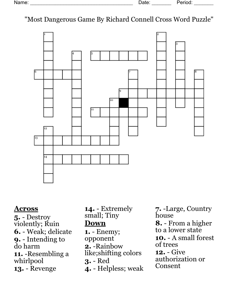 "Most Dangerous Game By Richard Connell Cross Word Puzzle"