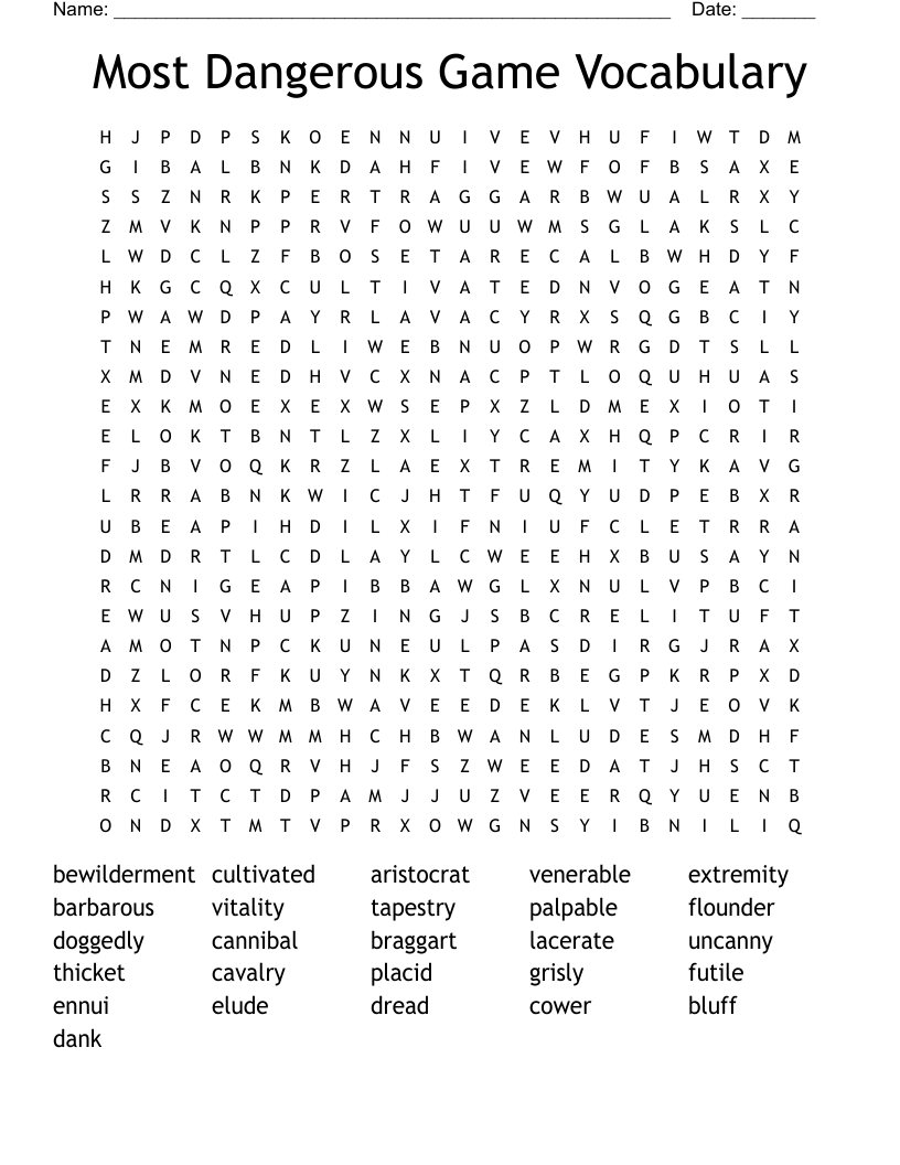 Most Dangerous Game Vocabulary Word Search