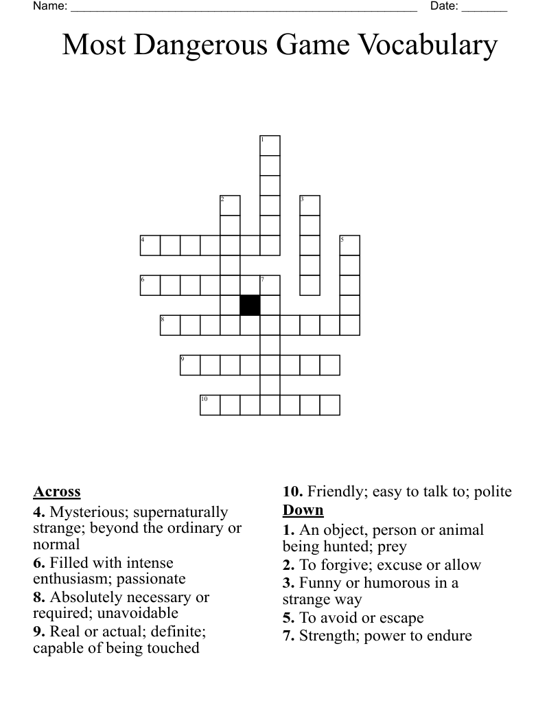 Most Dangerous Game Vocabulary  Crossword