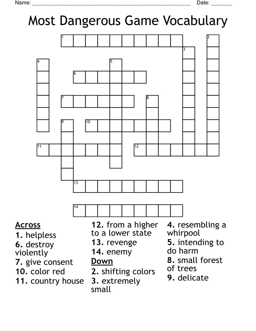 Most Dangerous Game Vocabulary  Crossword