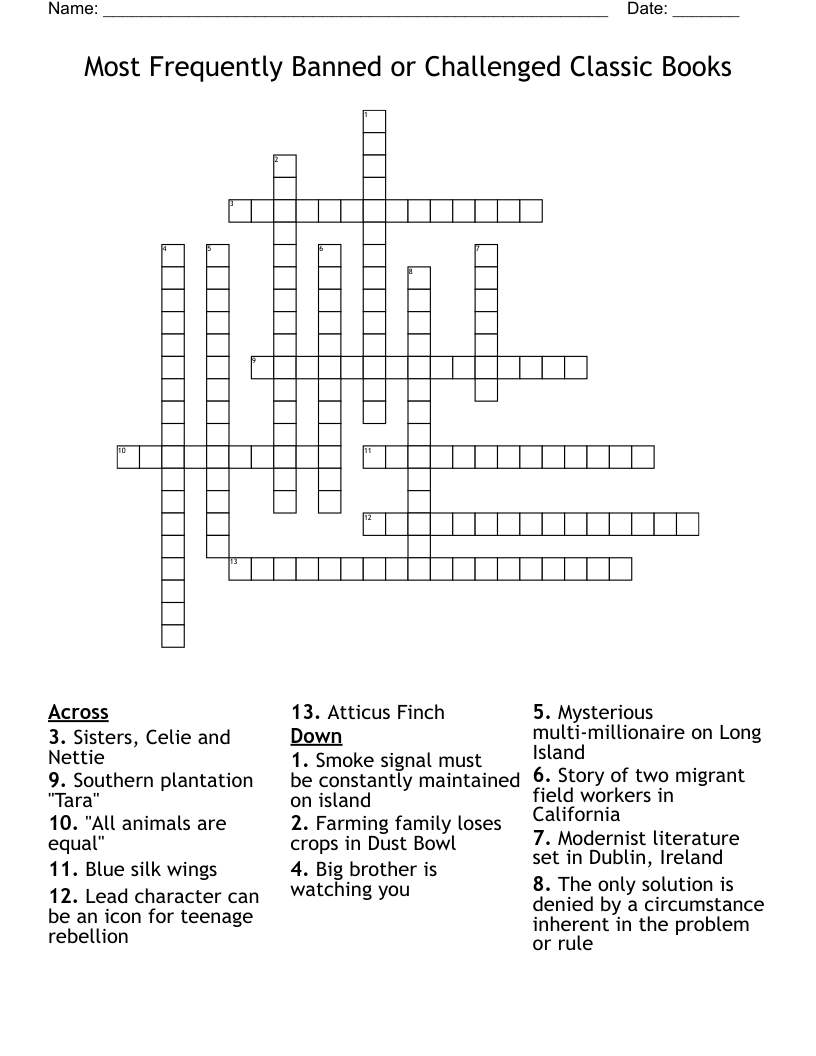 Most Frequently Banned or Challenged Classic Books Crossword