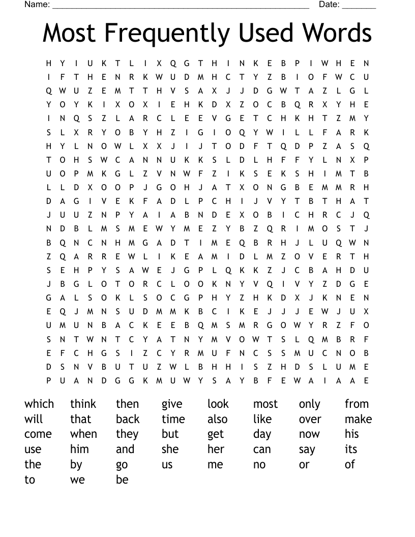Most Frequently Used Words Word Search