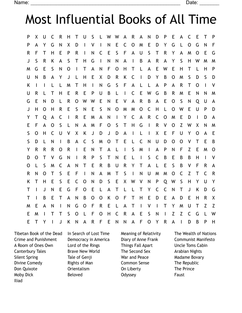 Most Influential Books of All Time Word Search