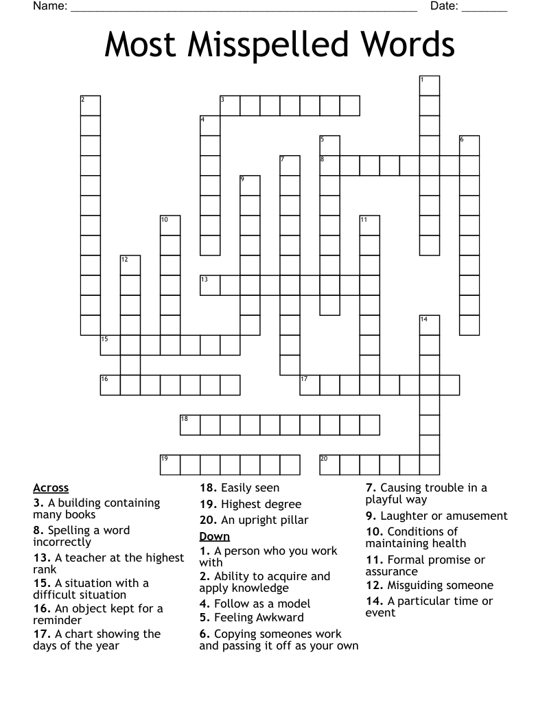 Most Misspelled Words Crossword
