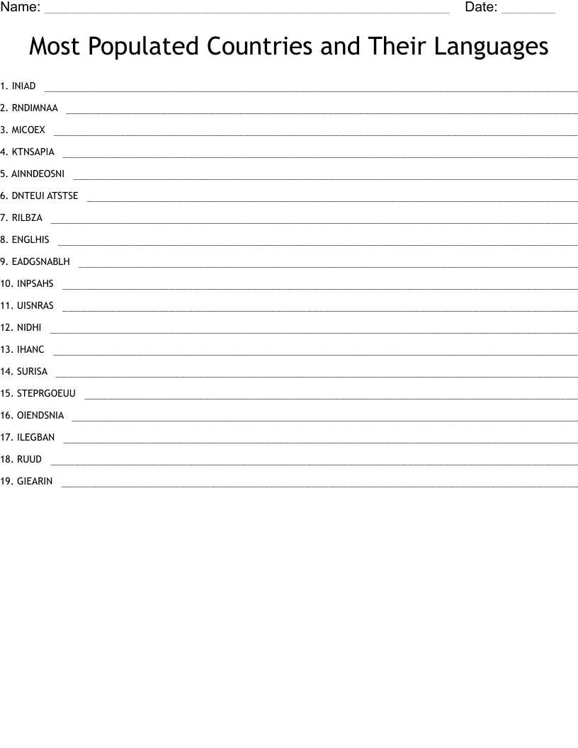 Most Populated Countries and Their Languages Word Scramble