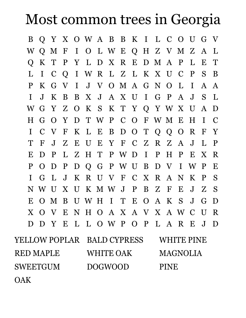 Most common trees in Georgia Word Search