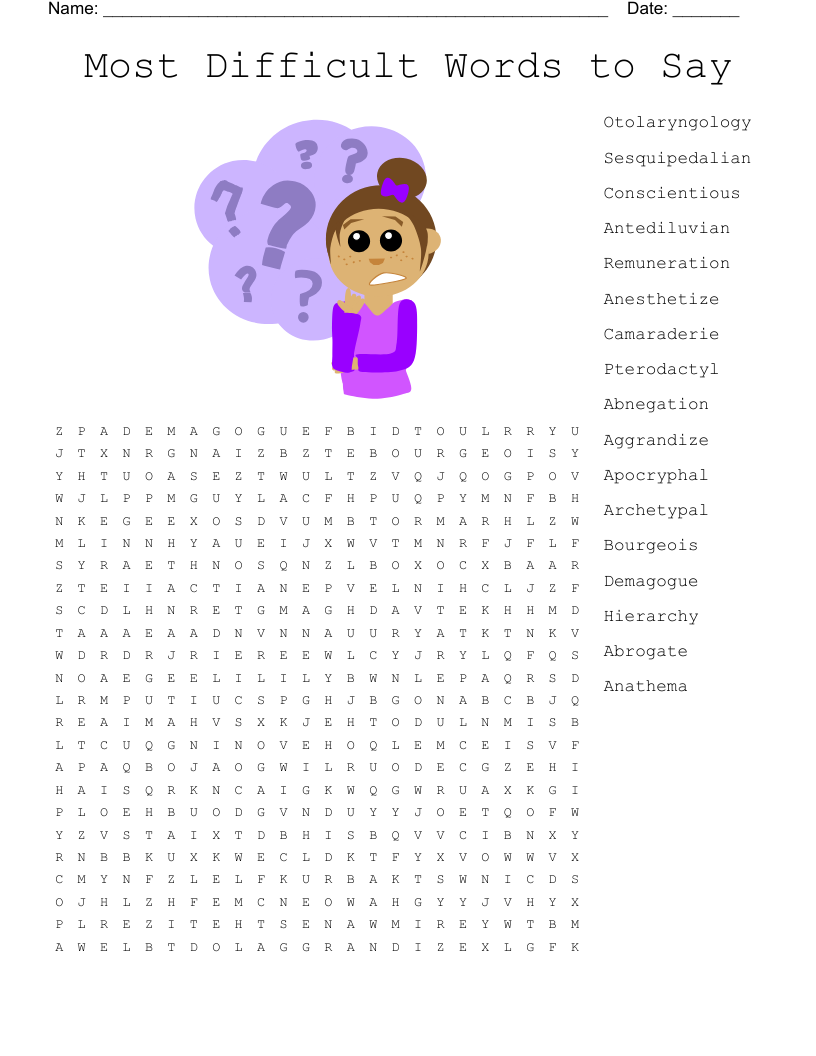 Most Difficult Words to Say Word Search