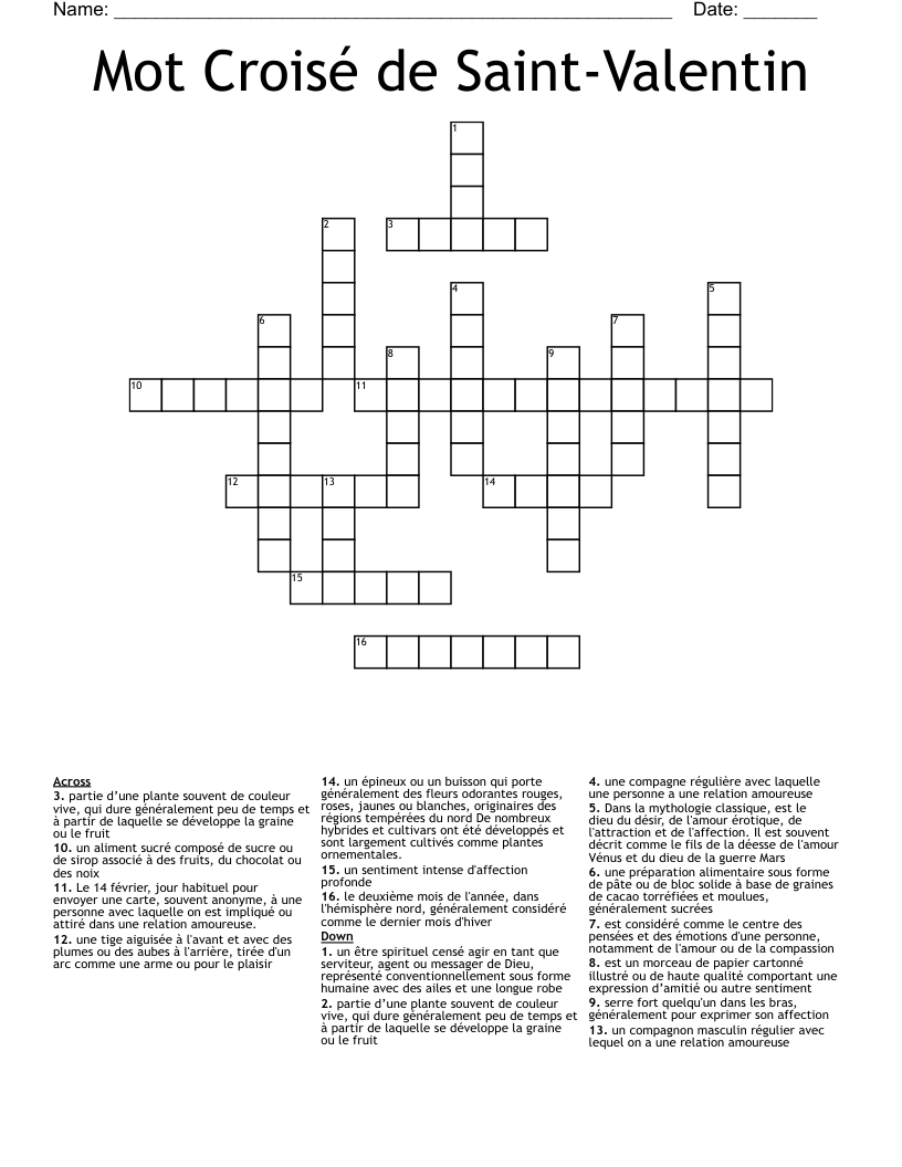 Mot Croisé de Saint-Valentin Crossword