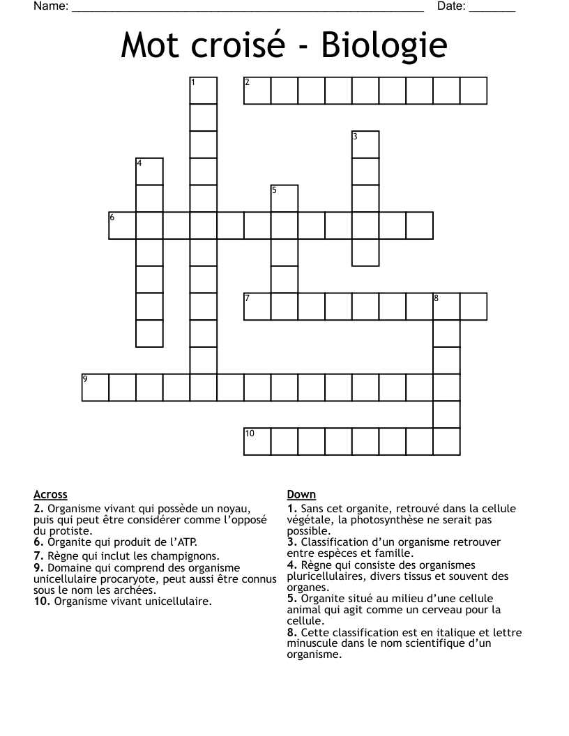 Mot croisé - Biologie Crossword