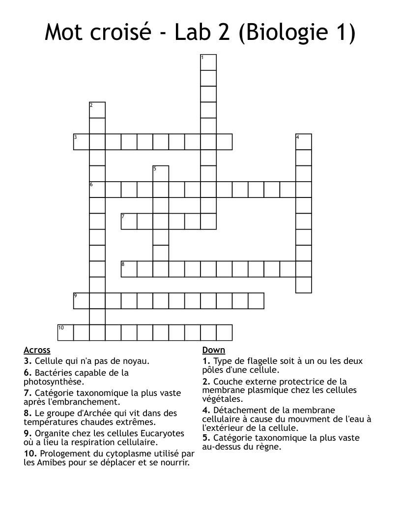 Mot croisé - Lab 2 (Biologie 1)  Crossword