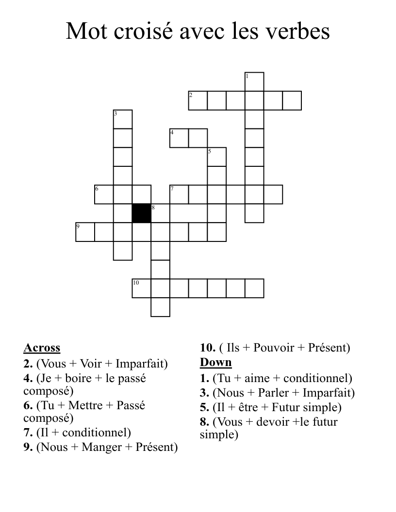 Mot croisé avec les verbes Crossword
