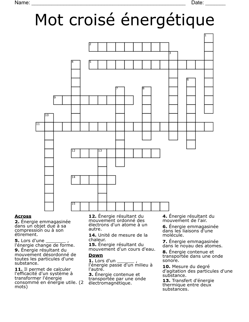 Mot croisé énergétique Crossword