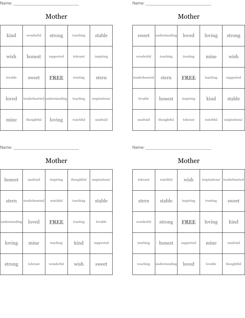 Mother Bingo Cards