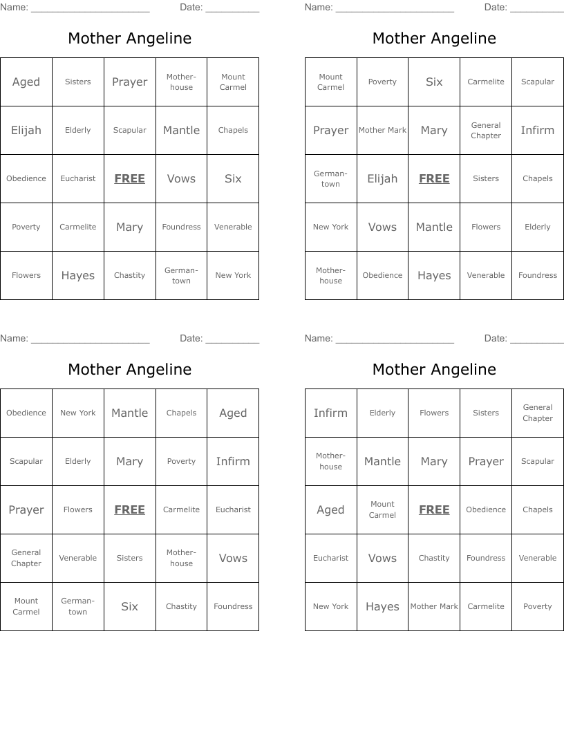 Mother Angeline Bingo Cards