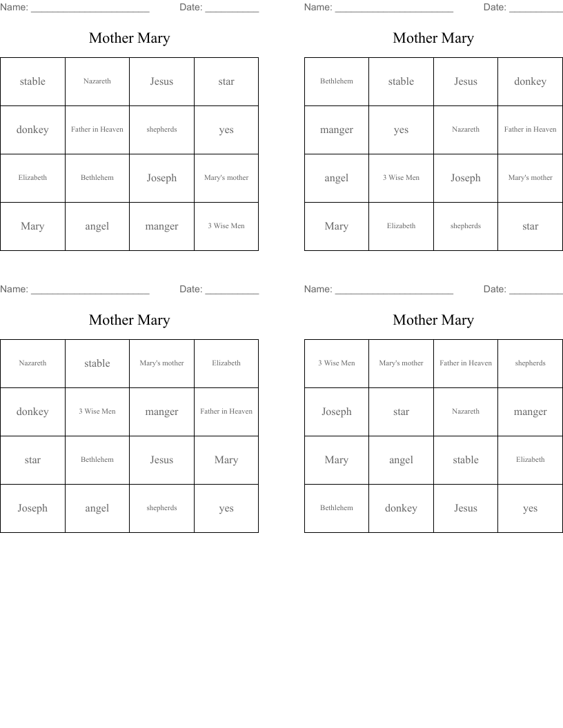 Mother Mary Bingo Cards
