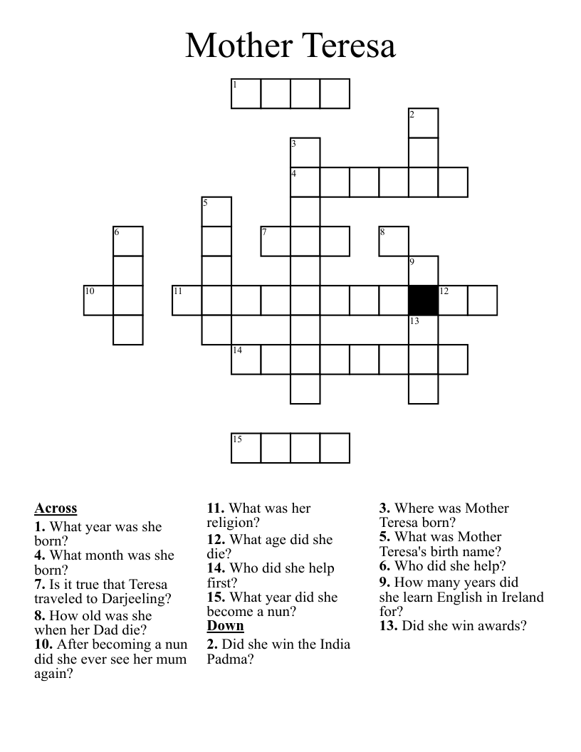 Mother Teresa Crossword