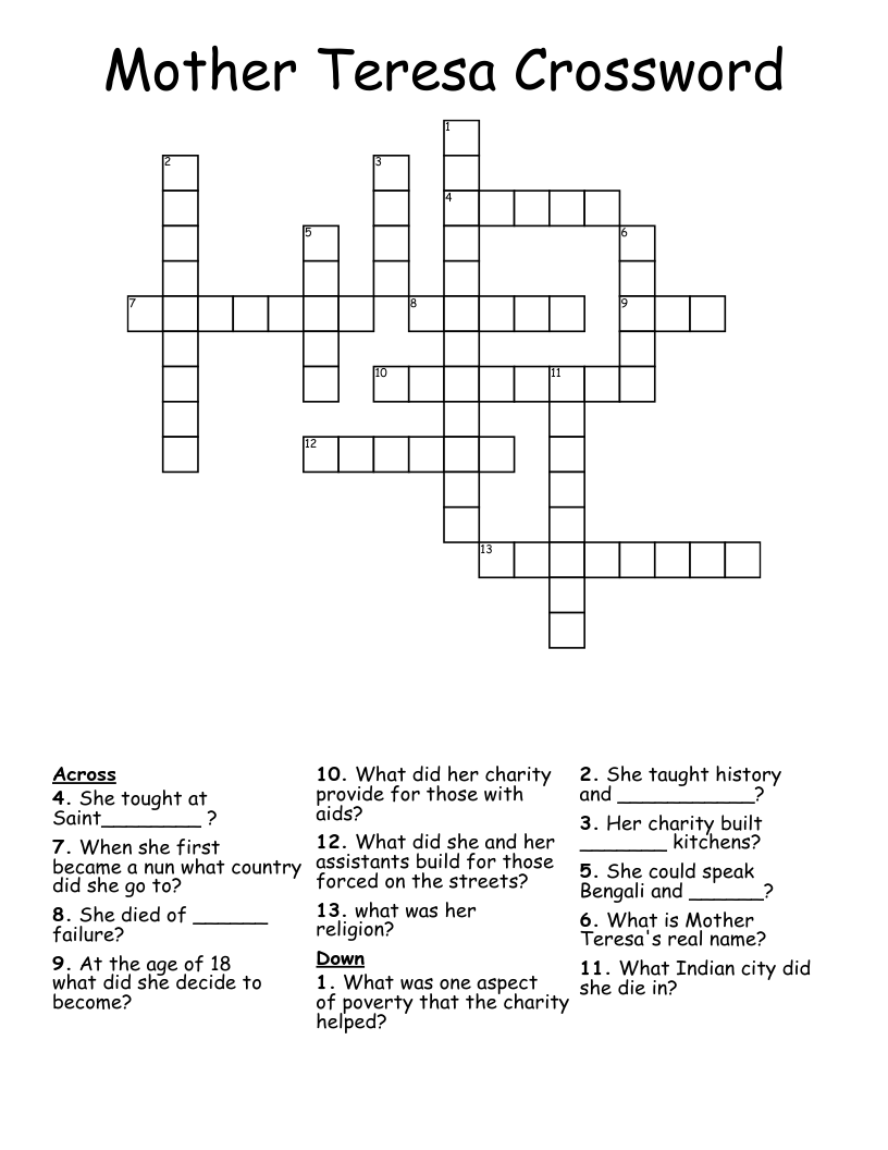 Mother Teresa Crossword