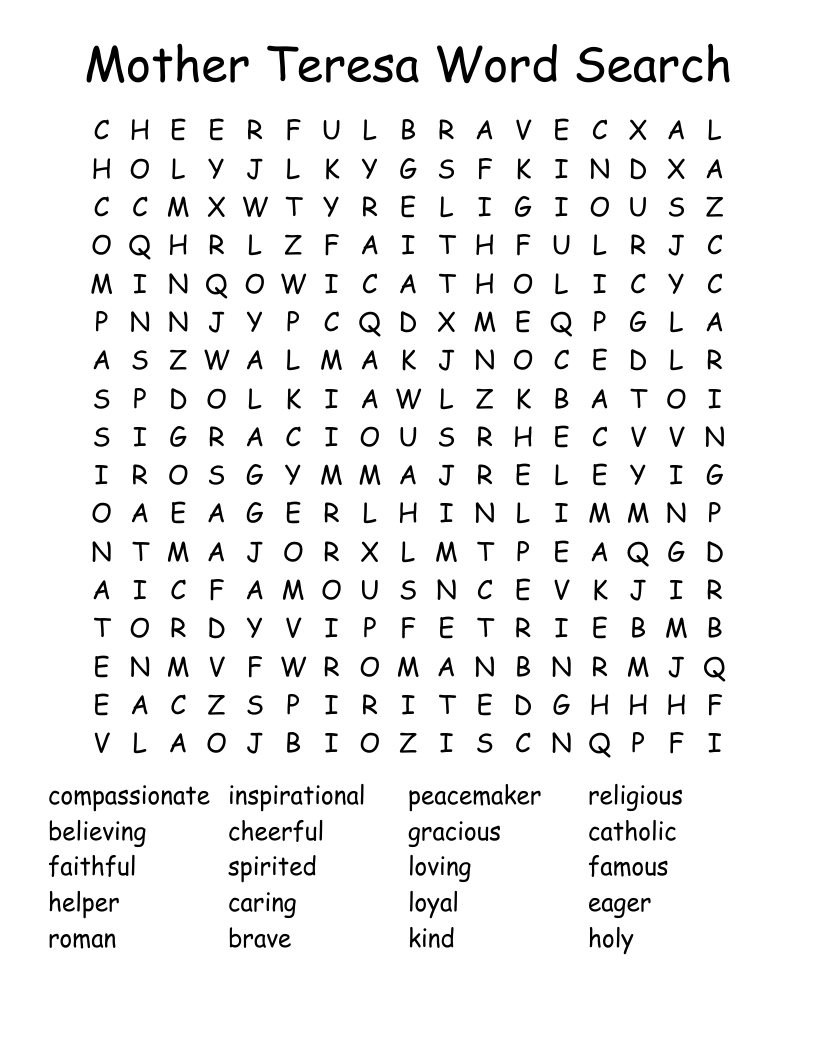 Mother Teresa Word Search