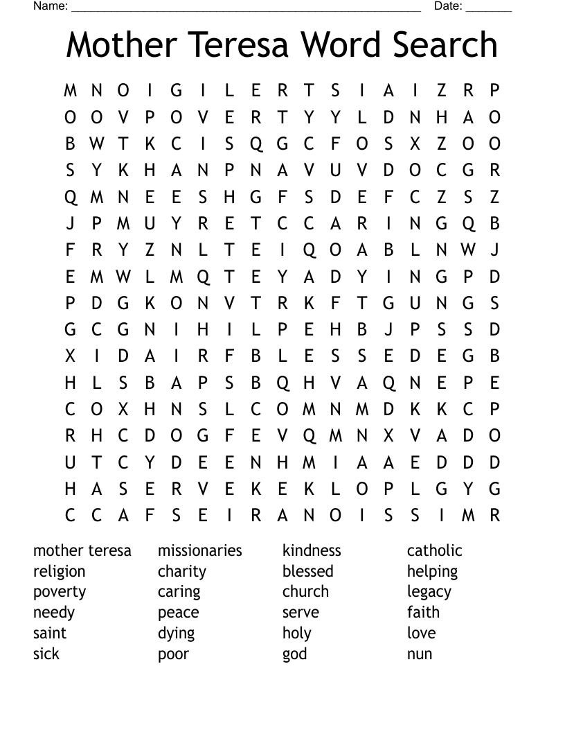 Mother Teresa Word Search