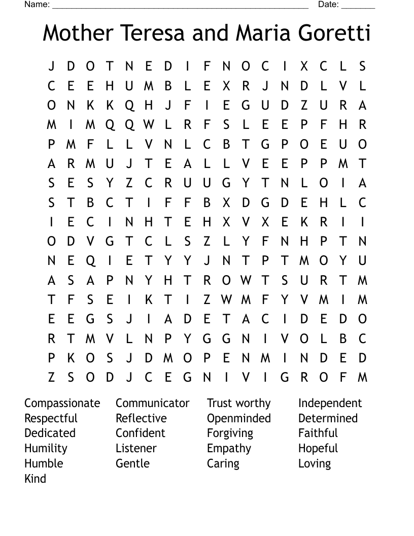 Mother Teresa and Maria Goretti Word Search